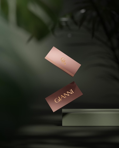 PSD peach gold business card for brand visualization on green tropical background 3d render