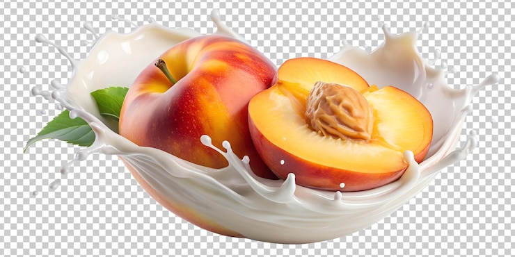 PSD peach halves in creamy milk splash png isolated transparent