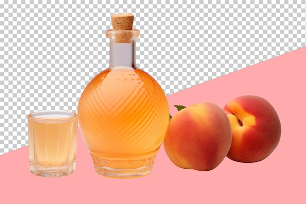 Peach syrup in a fancy bottle with a peach slice isolated object transparent background