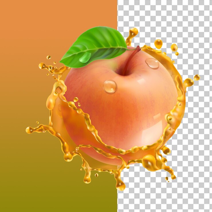 PSD peach with juice splash on transparent background