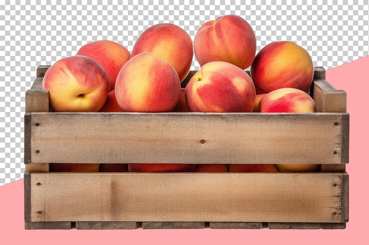 Peaches in a rustic wooden crate transparent background
