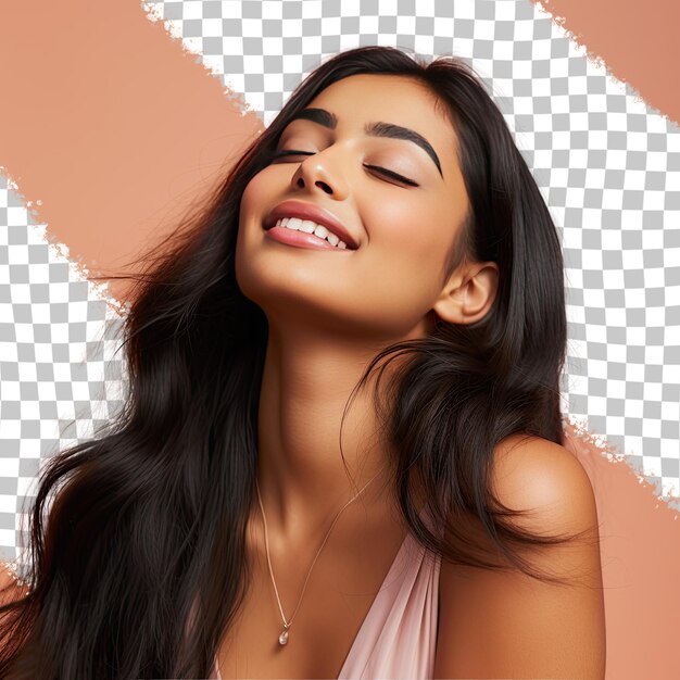 PSD peachy poses south asian young woman in model attire eyes closed smiling