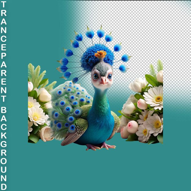 PSD eleganza del pavone uccello sereno in rifugio fiorito adesivo su sfondo trasparente