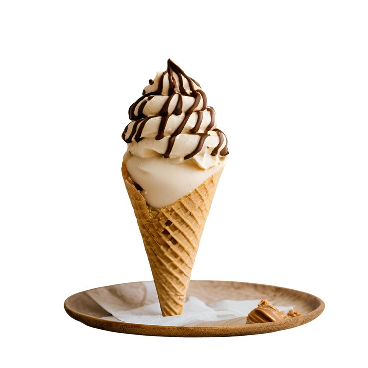 Peanut Butter Paradise ice cream Cone with white background close up
