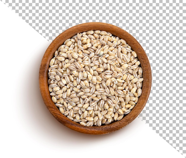 PSD pearl barley in wooden bowl isolated top view