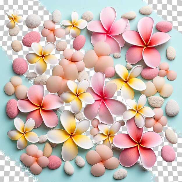 PSD pebbles and frangipani flowers isolated on a pastel background