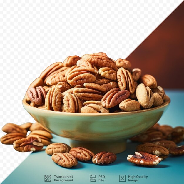 PSD pecan nuts in a small bowl on a table closeup shot