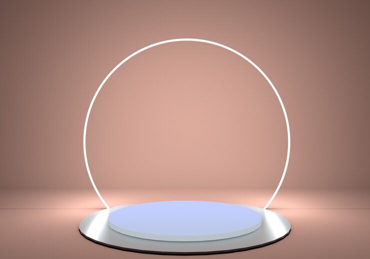 PSD pedestal cylinder platformwith  shiny metallic podium and round neon frame