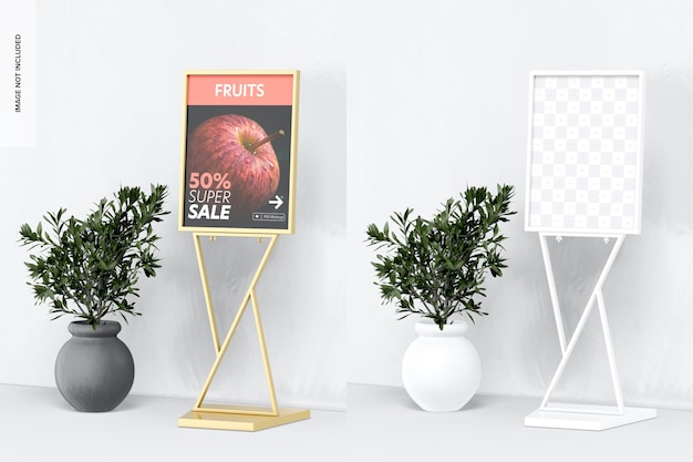 Pedestal Poster Stand Mockup, with Plant Pot