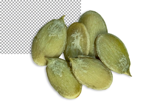 Peeled grains of pumpkin closeup isolated on a transparent background