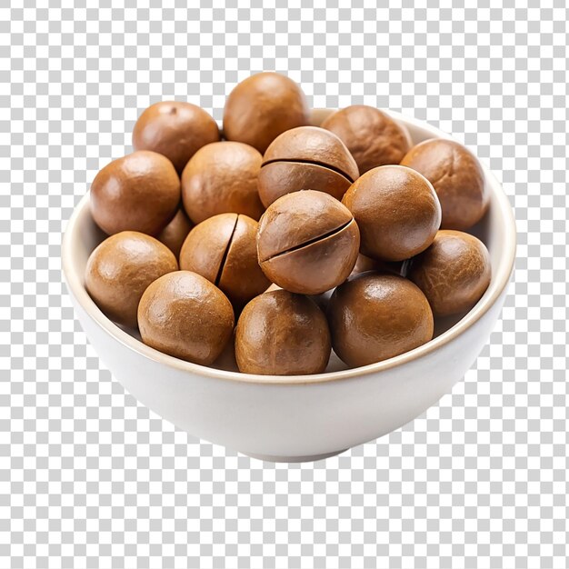Peeled macadamia nuts in a bowl isolated on a transparent background