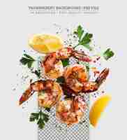 PSD peeled whole red shrimp langoustines lemon large sea salt lying on a dark board around with greens light