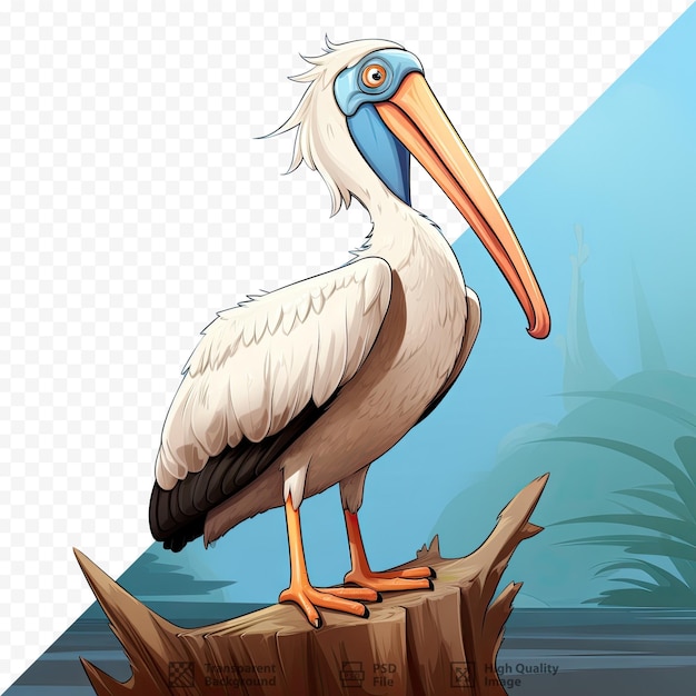 PSD a pelican cartoon perching on a tree stump