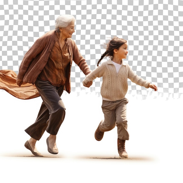 PSD pełne zdjęcie profilowe dziecka biegnącego w kierunku babci z szeroko otwartymi ramionami izolowanego na tran