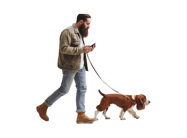 PSD pełny zdjęcie profilowe brodatego faceta używającego telefonu komórkowego i spacerującego z psem basset hound