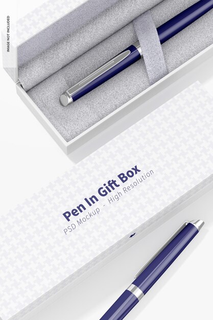 Penna in scatole regalo mockup, primo piano