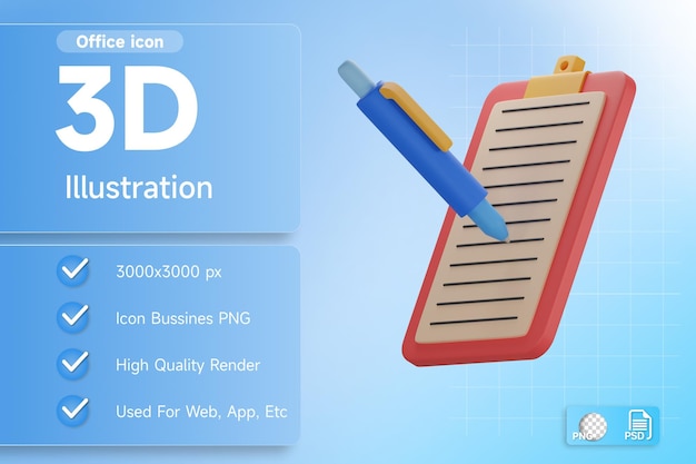 Pen and notes office document 3d illustration