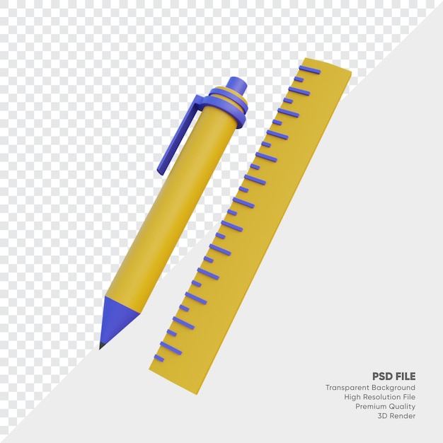 펜과 눈금자 3D 일러스트레이션