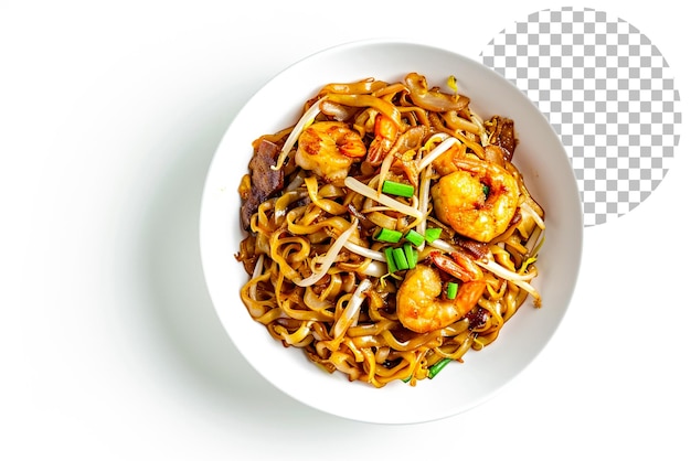 PSD penang char kuey teow top down view isolated on transparent background