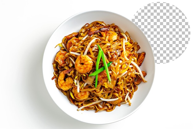 PSD penang char kuey teow top down view isolated on transparent background