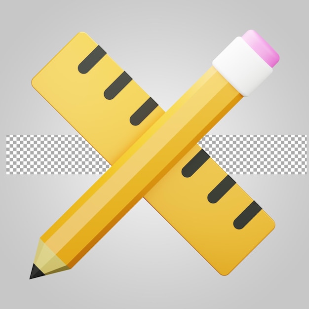 Pencil and ruler on transparent background 3D Render