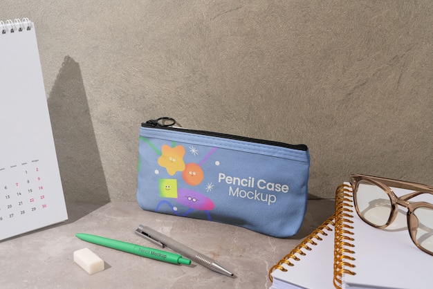 PSD pencil case mock-up design with office supplies