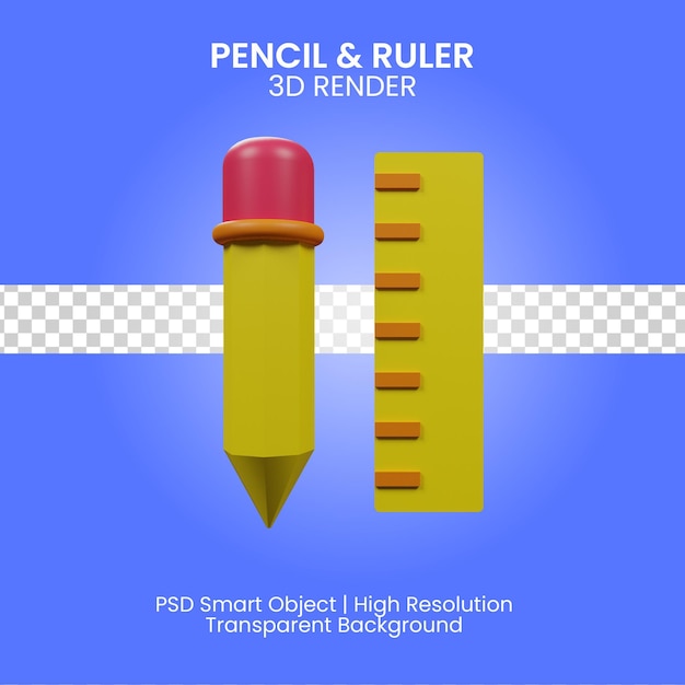 Pencil and ruler icon 3d render isolated