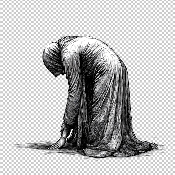 PSD penciled sketch of a person kneeling in grief sorrowful pose art sad hand black white drawn human
