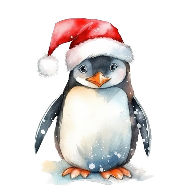 Penguin wearing santa hat for christmas event watercolor style ai generated