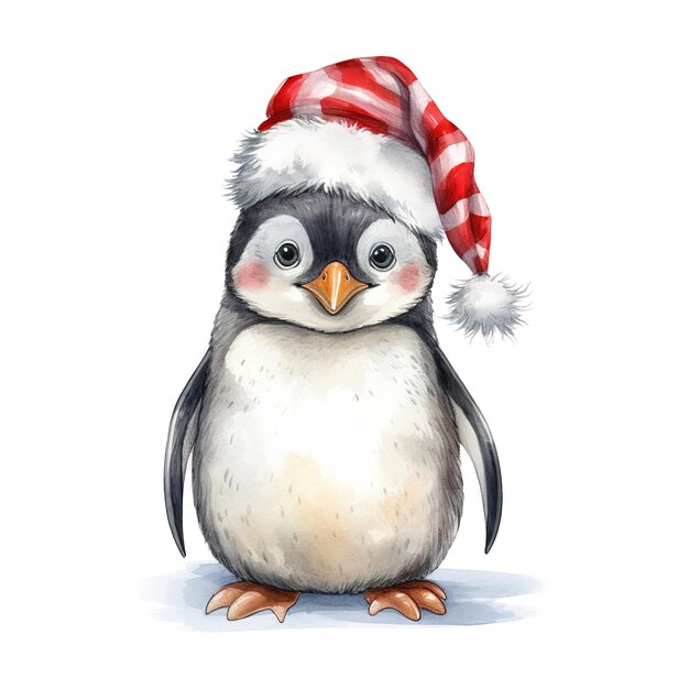 Penguin wearing santa hat for christmas event watercolor style ai generated