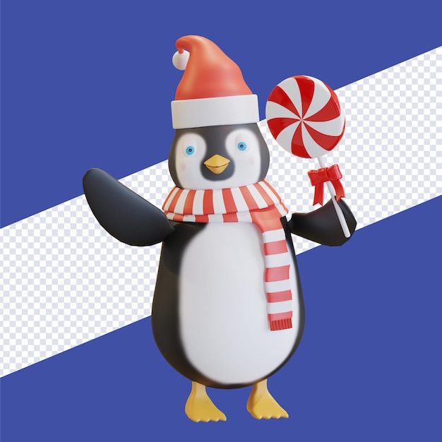 Penguin wearing santa hat with red scarf holding lollipop candy