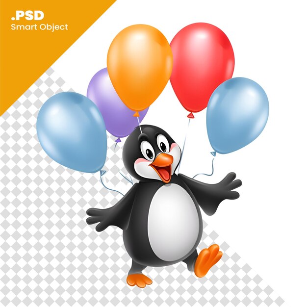 Penguin with balloons isolated on white background vector illustration psd template
