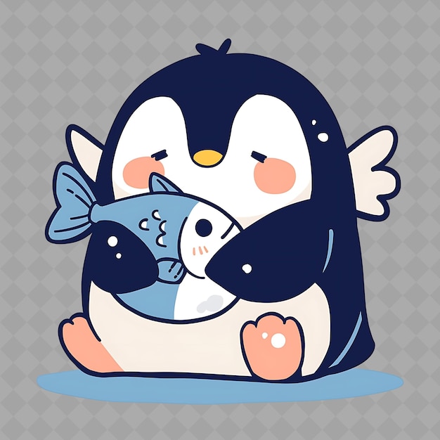 A penguin with a fish in his mouth and a fish in his mouth