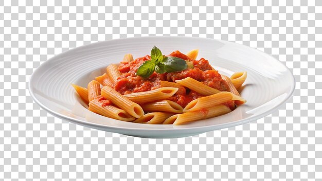 PSD pasta penna con salsa di pomodoro su piatto bianco isolato su uno sfondo trasparente