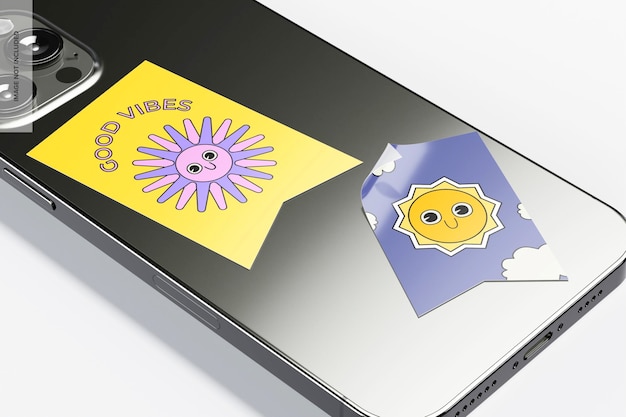 PSD pennant stickers on smartphone mockup, left view