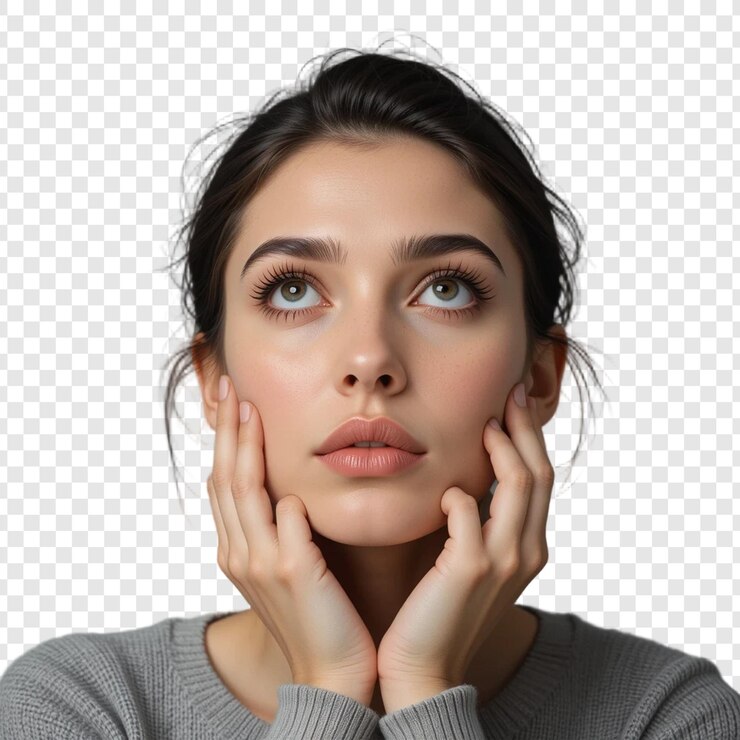 PSD pensive brunette woman holding her chin and looking up over gray