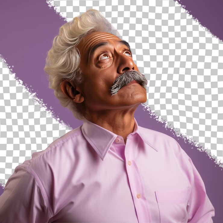 PSD pensive orthodontist south asian senior with blonde hair dons a contemplative look against a lavender backdrop