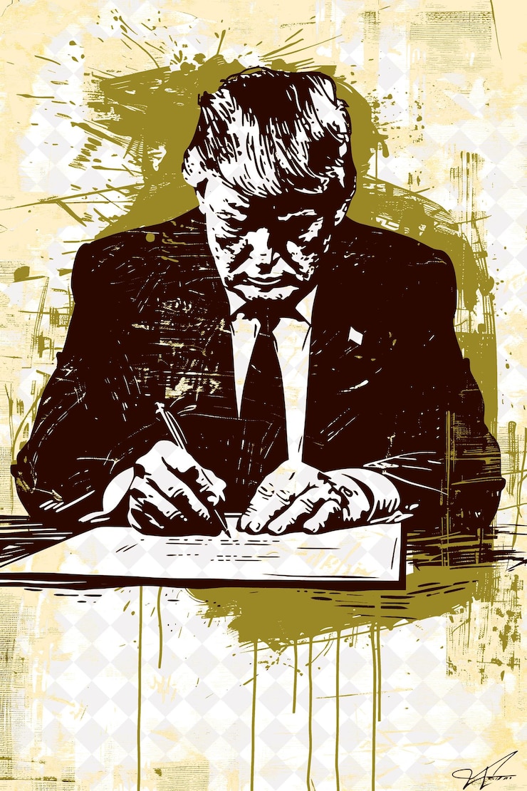 PSD pensive presidential candidate portrait with a red quill pen flat illustration election campaign