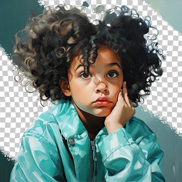 Pensive scandinavian interpreter girl kinky hair melancholic toddle finger on lips pastel turquoise background