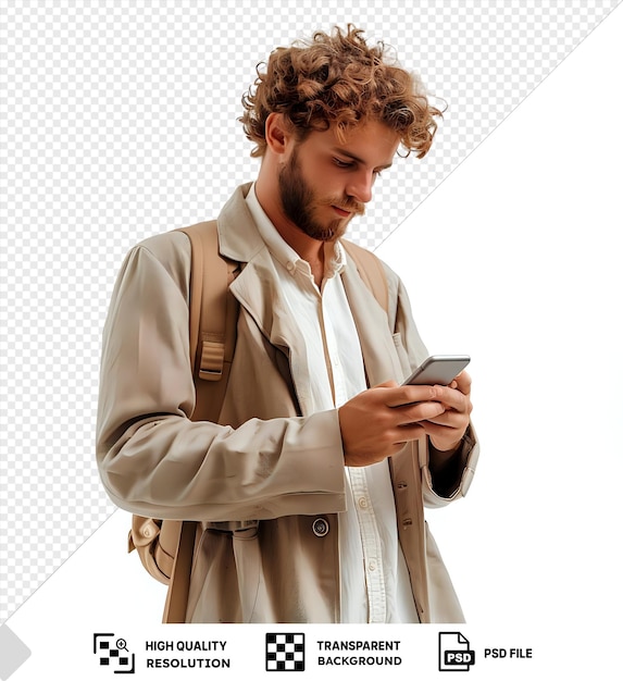 Pensive thoughtful caucasian young businessman ceo boss contemplating using smart phone cellphone for e banking e learning e commerce isolated in isolated background