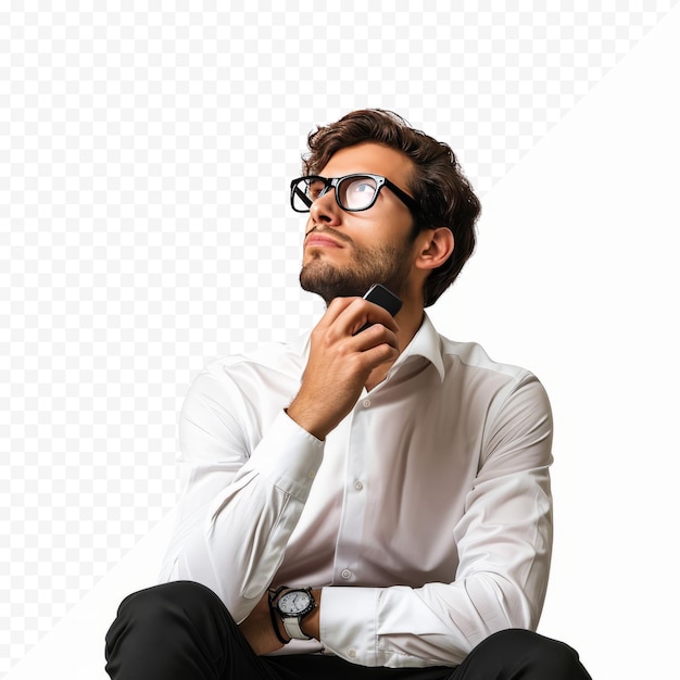 PSD pensive thoughtful caucasian young businessman ceo boss contemplating using smart phone cellphone for e banking e learning e commerce isolated in white