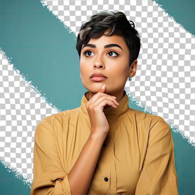 Pensive west asian woman short haired cooking attire posing with finger on lips against pastel teal backdrop