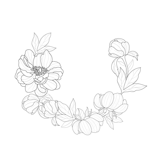 Peony wreath lijn kunst
