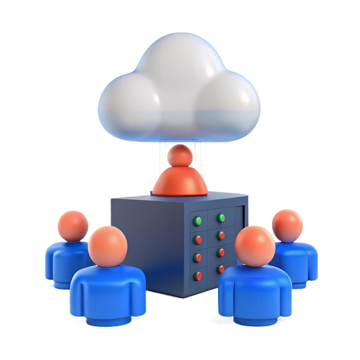 PSD people in blue and orange suits with a cloud on top of them