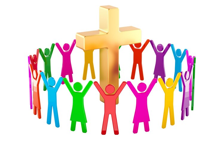 PSD people community around the christian cross 3d rendering isolated on transparent background