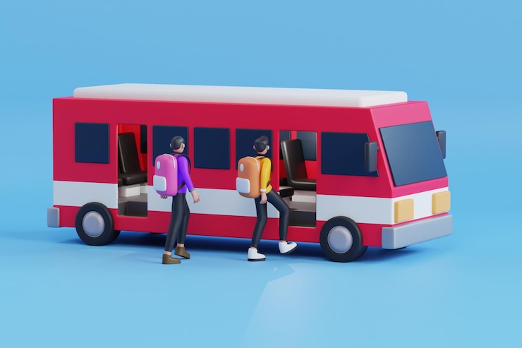 PSD people getting on bus 3d illustration