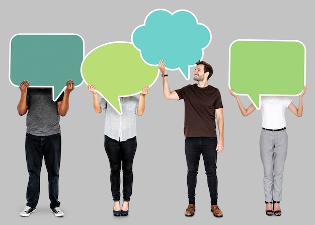 PSD people holding colorful speech bubbles