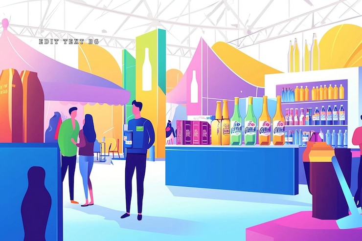 PSD people at a vibrant beverage expo with colorful booths and drinks