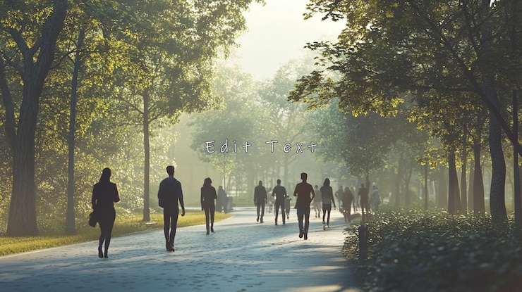 PSD people walking on a sunlit path through a park