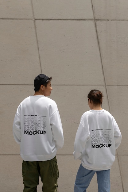 PSD people wearing back of a sweatshirt mockup